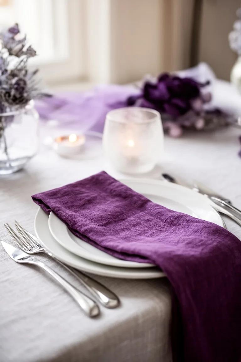 Place setting with a purple linen napkin, white plate and a frosted votive
