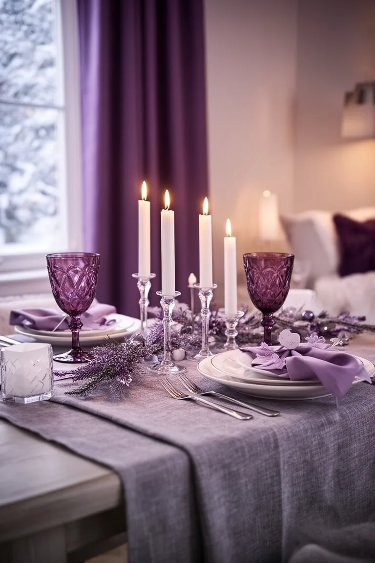 Cozy winter table for two with white candles and plum glassware
