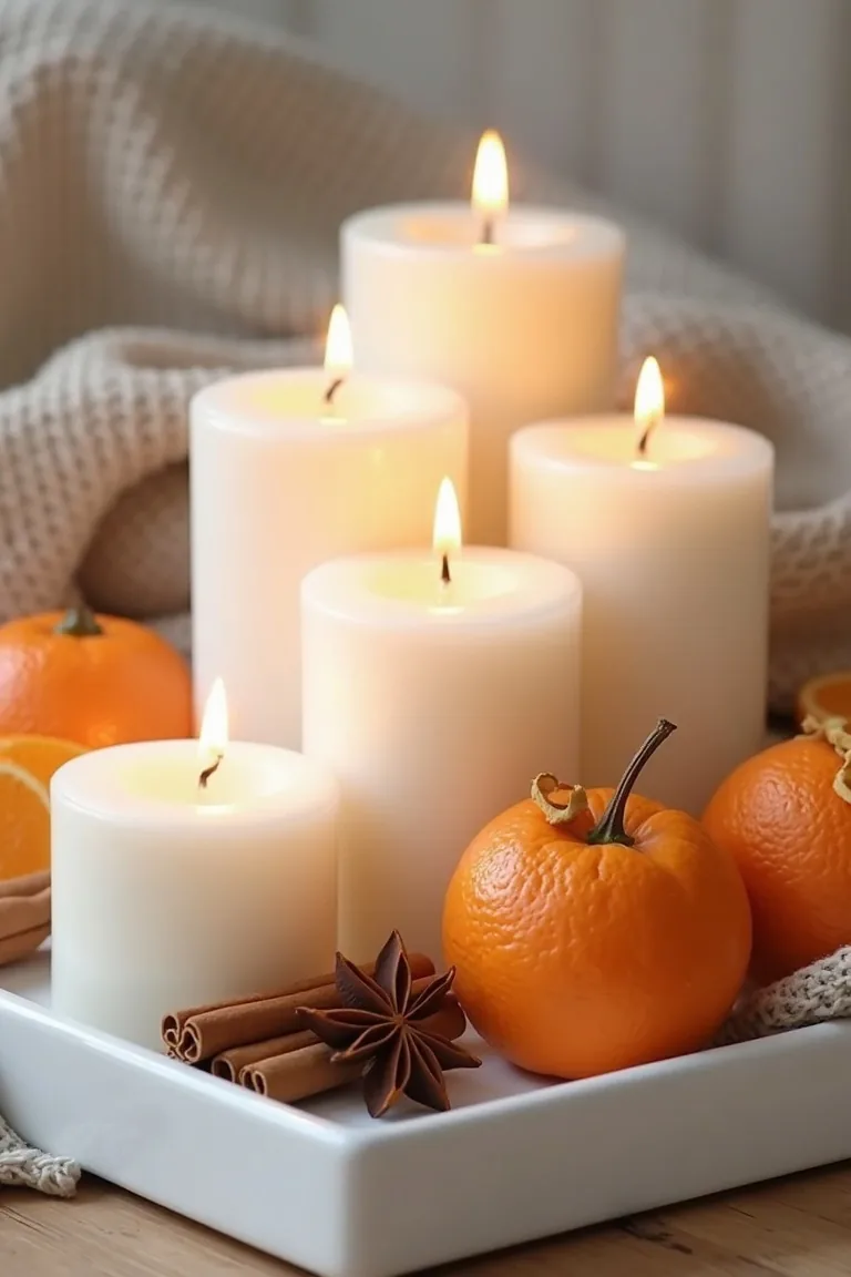 White pillar candles glowing on a tray with clementines and spices