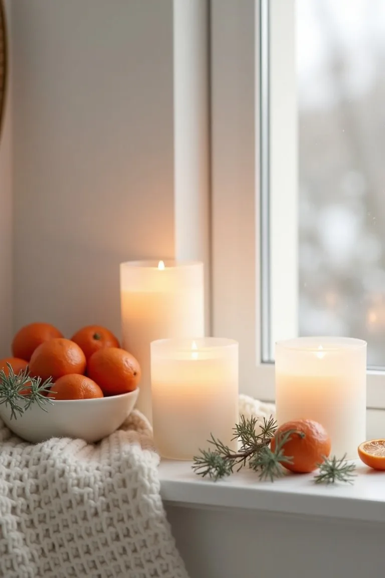 Frosted glass votives on a white mantel with dried orange slices