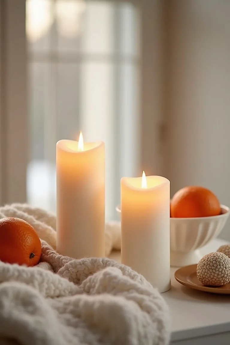 White candles beside a bowl of oranges and an ivory knit blanket