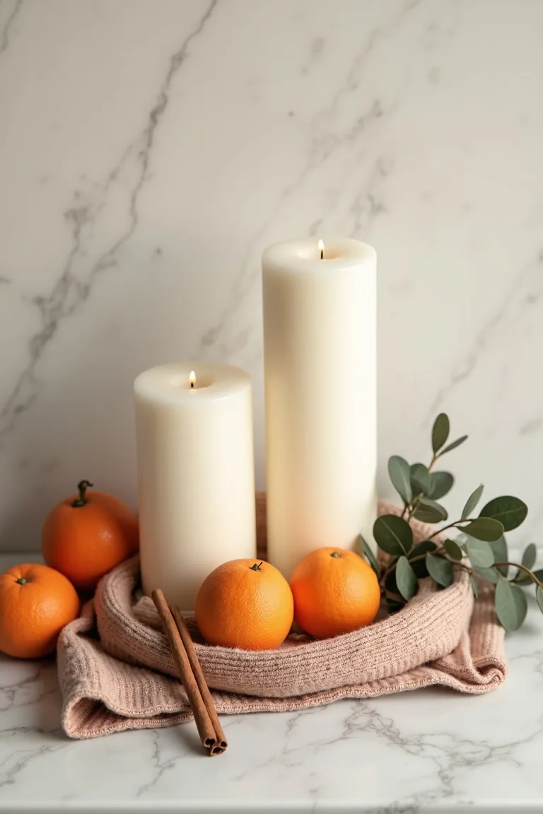 Overhead of white candles and oranges with cinnamon on marble