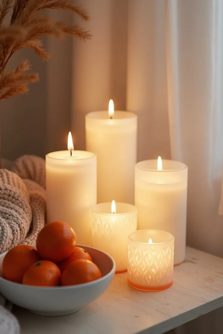 Cozy corner with grouped white candles and clementines in a bowl