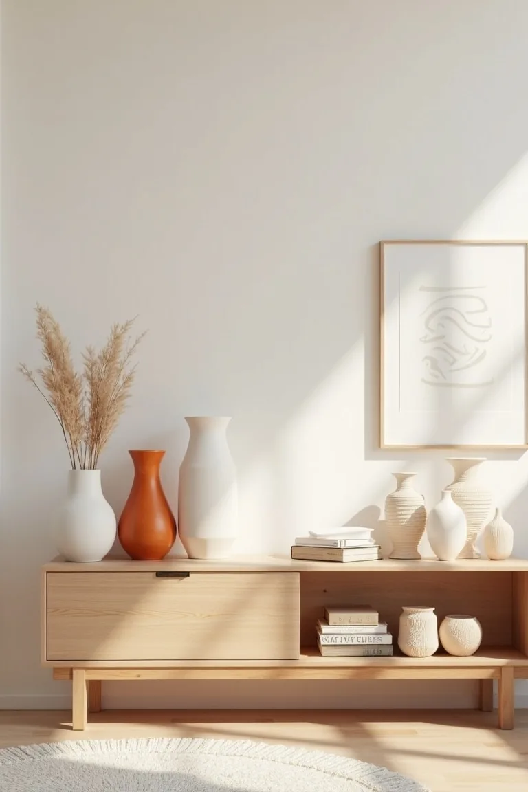 White stoneware vase with a terracotta pot and wood beads