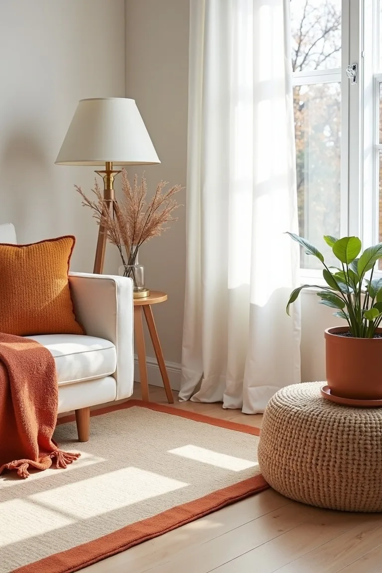 Ivory wool rug layered over a rust runner with a terracotta planter