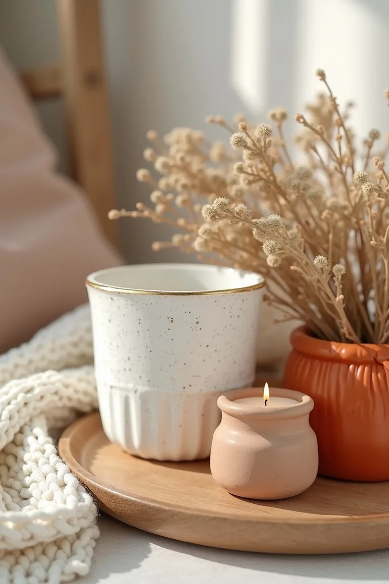 White ceramics, a terracotta candle jar and natural wood, close up