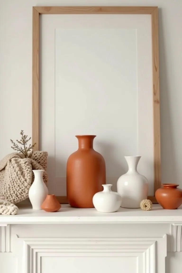 Neutral shelf with terracotta vessels, white ceramics and wool