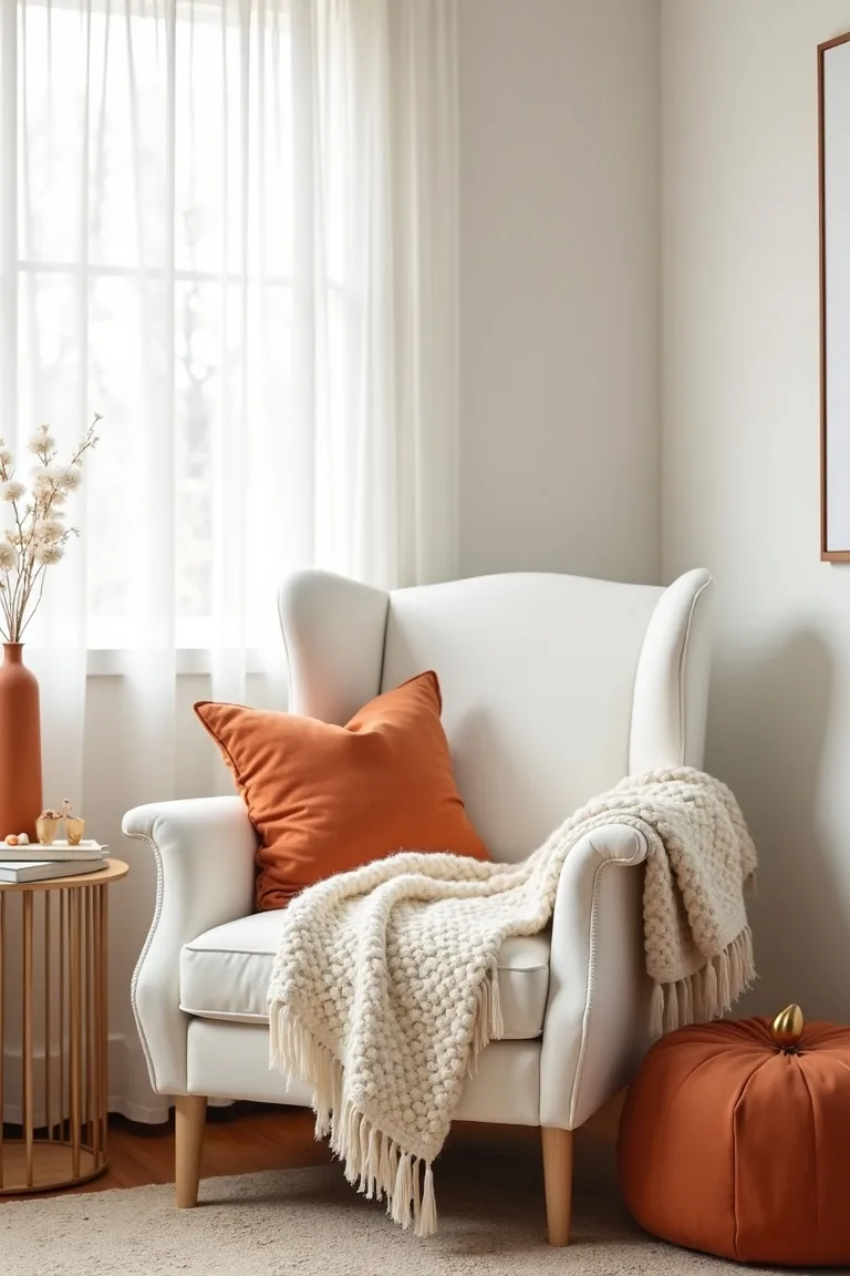 Reading nook with a white armchair, wool throw and terracotta table