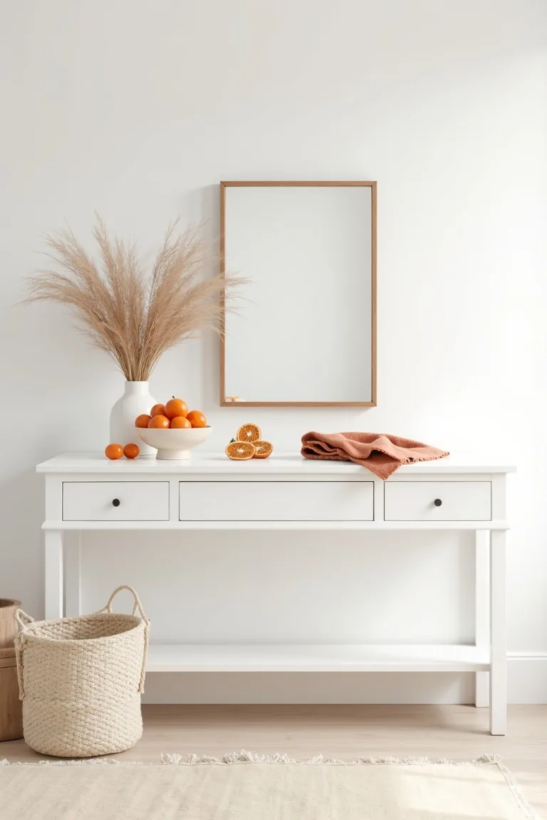 White console with tangerines, dried citrus and an ivory basket
