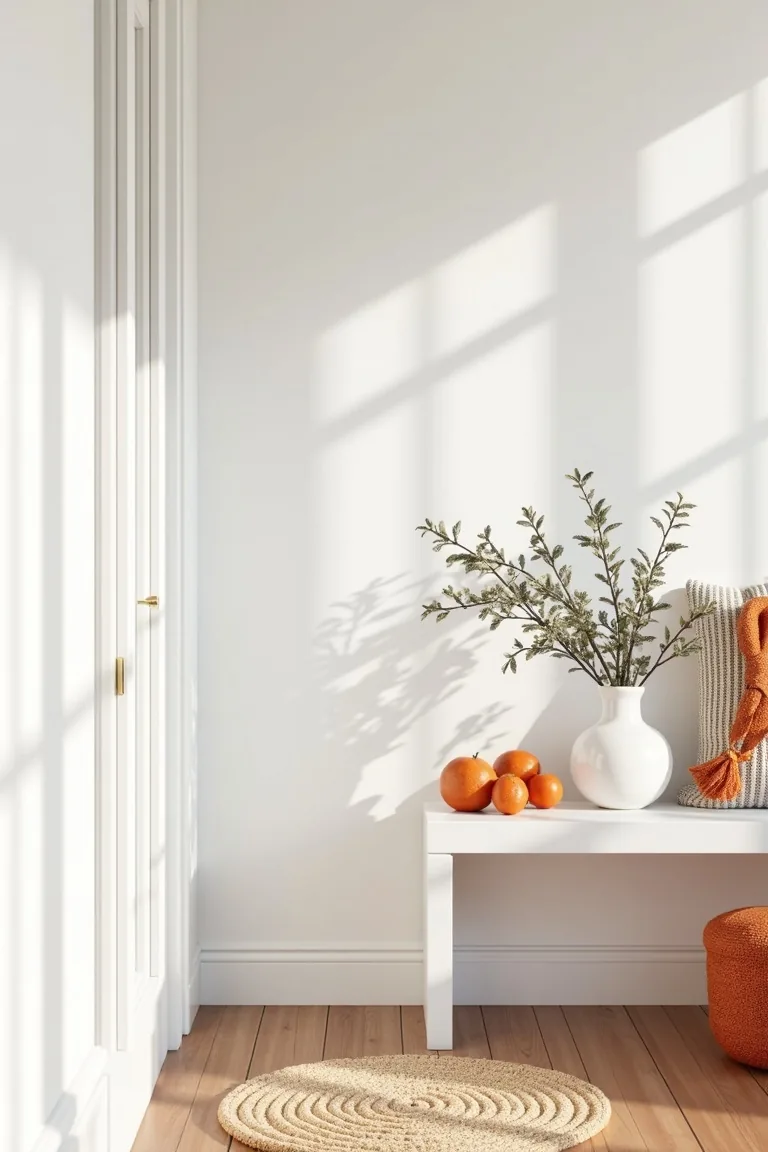 Winter entry console with a white vase and a dried orange garland
