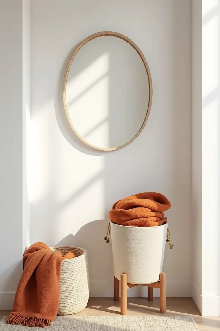 Small entryway with a round white mirror, ivory basket and rust scarf