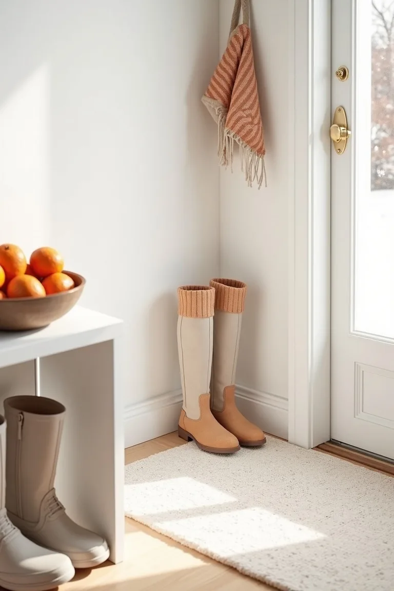 Entry detail with a white boot tray and a bowl of clementines