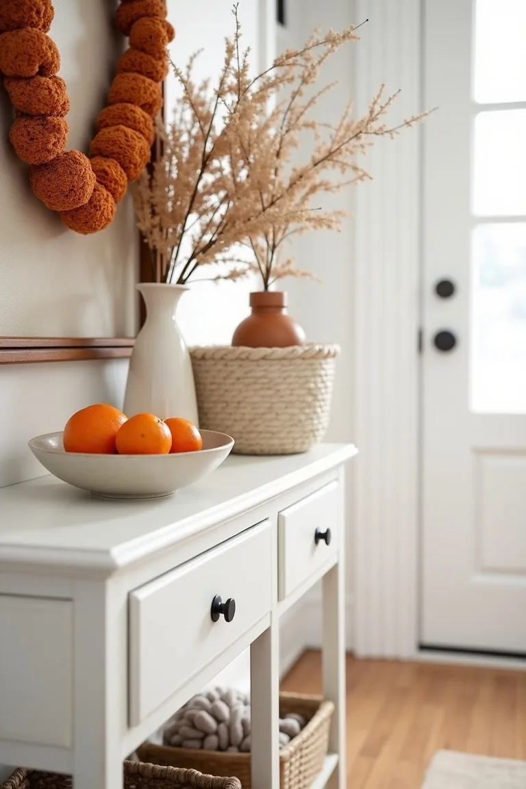 Welcoming foyer with a white console, tangerines and citrus garland