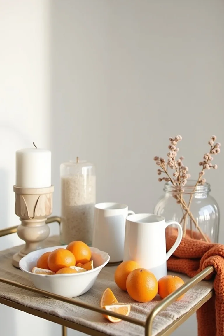Brass and glass bar cart with white mugs, oranges and candles