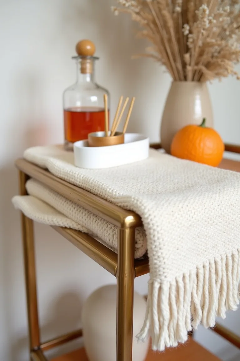 Bar cart lower shelf with an ivory throw and amber decanter
