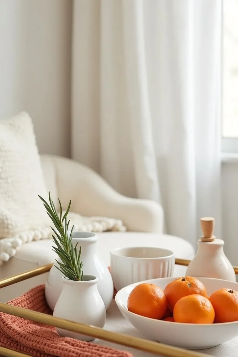 Cozy bar cart corner with white ceramics, rosemary and clementines