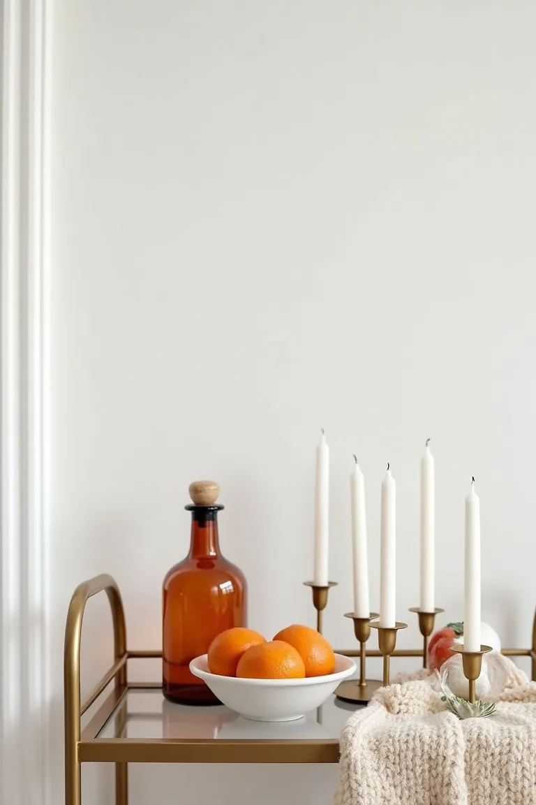 Gold drinks cart with candles, a citrus bowl and an ivory throw