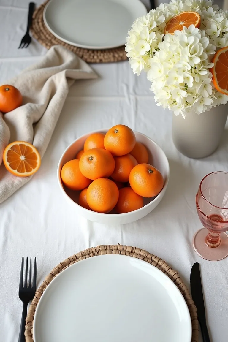 White linen table with a ceramic bowl of oranges and hydrangeas