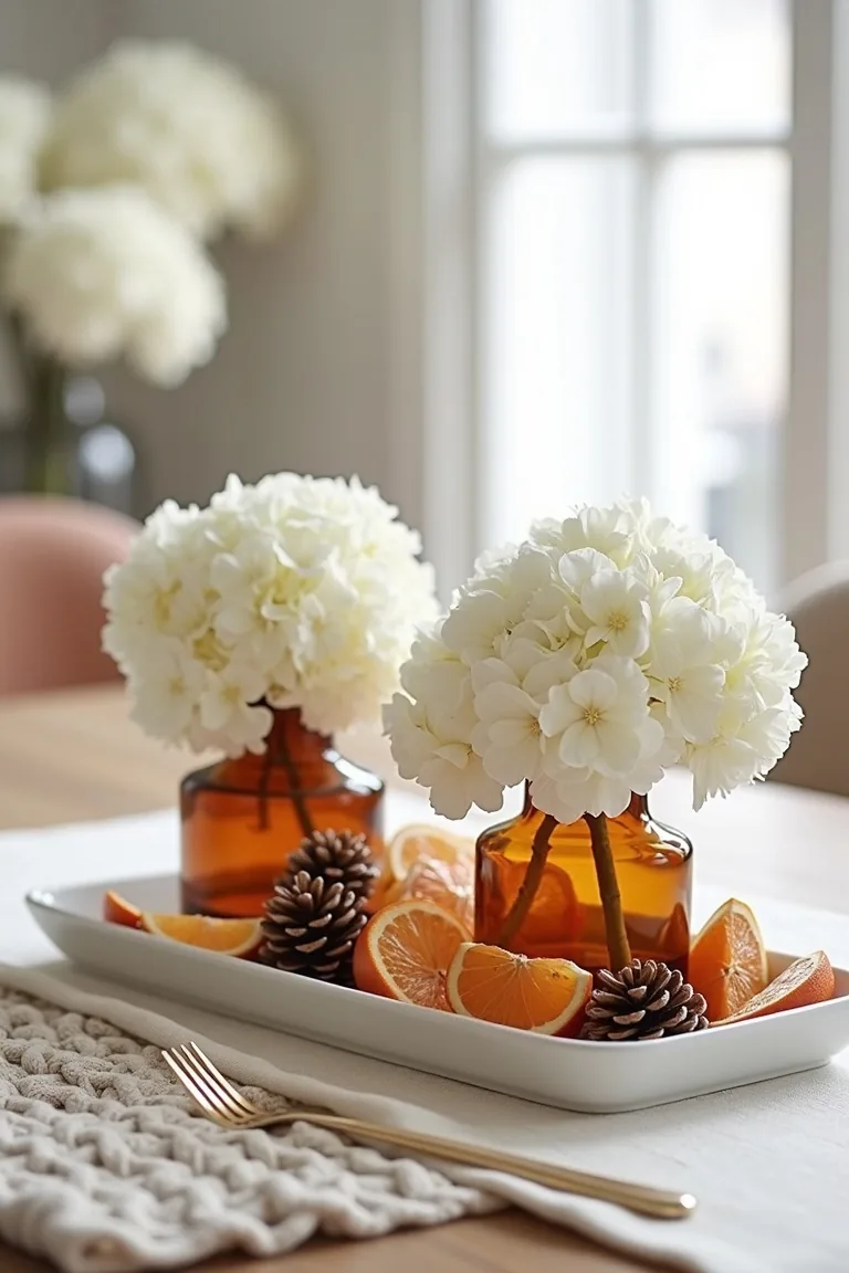 Low white tray with hydrangeas, dried citrus and amber bud vases