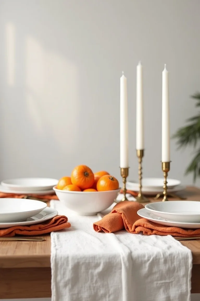 Winter table with a white runner, rust napkins and clementines