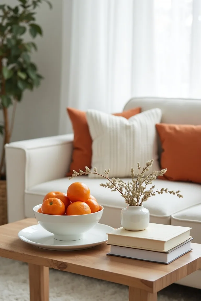 Coffee table styled with a white bowl of oranges and cream books