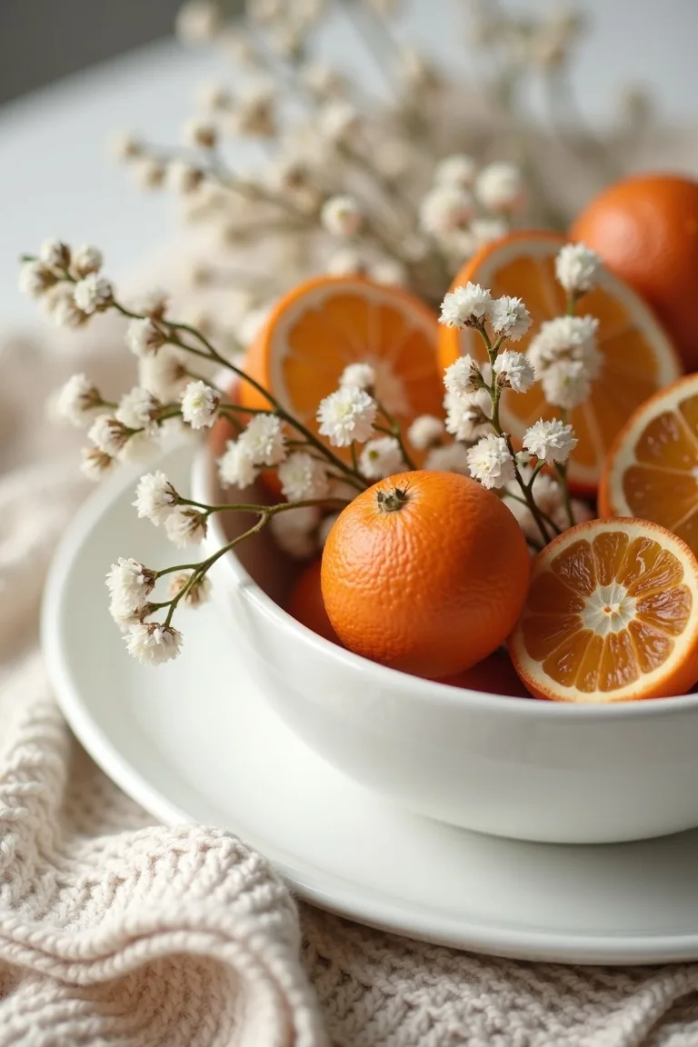Dried orange slices and white blooms in a ceramic bowl, close up