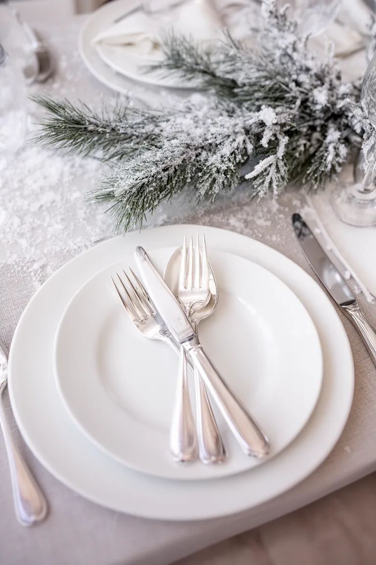Snow-dusted winter tablescape idea 1