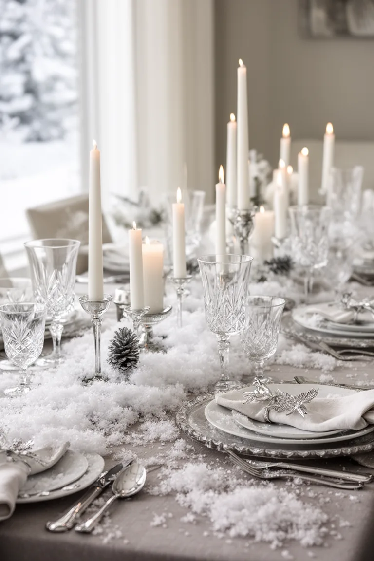 Snow-dusted winter tablescape idea 2
