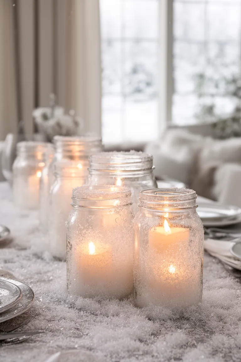 Snowy candle jar winter decor idea 1