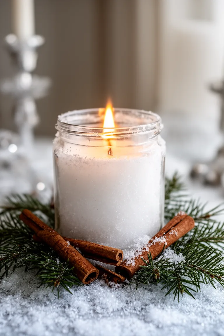 Snowy candle jar winter decor idea 2