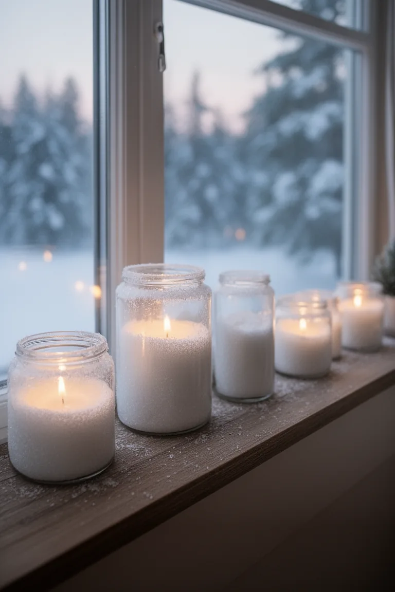 Snowy candle jar winter decor idea 3