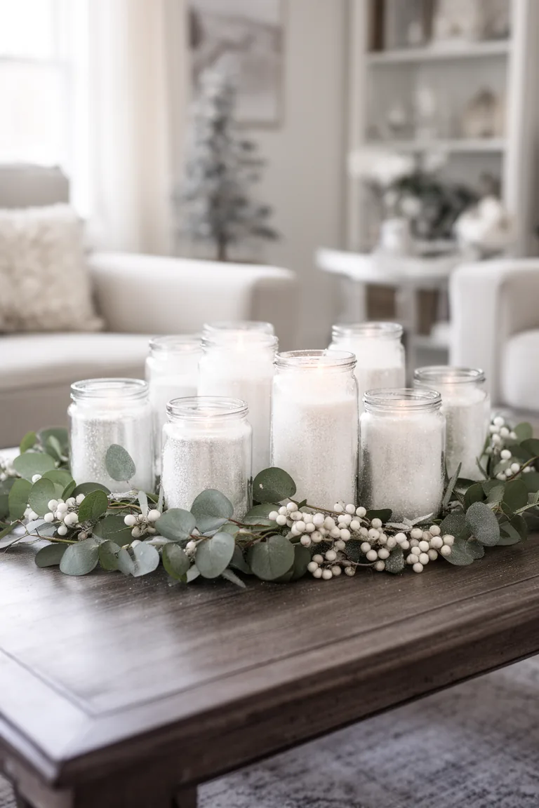 Snowy candle jar winter decor idea 5