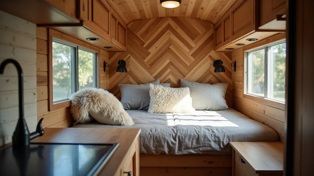 Modern rustic wood accent wall in an RV