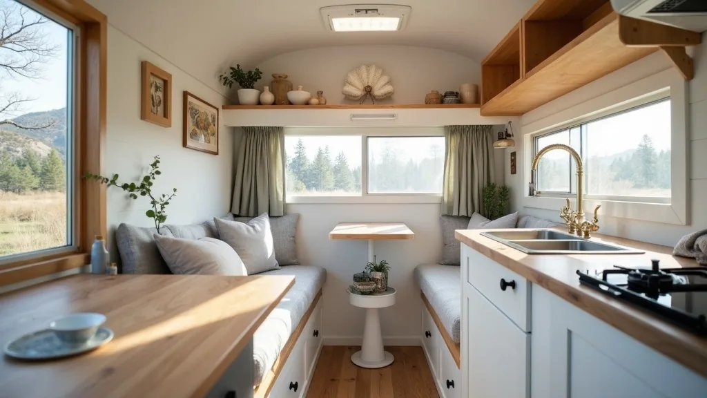 Soft gray and brass camper interior