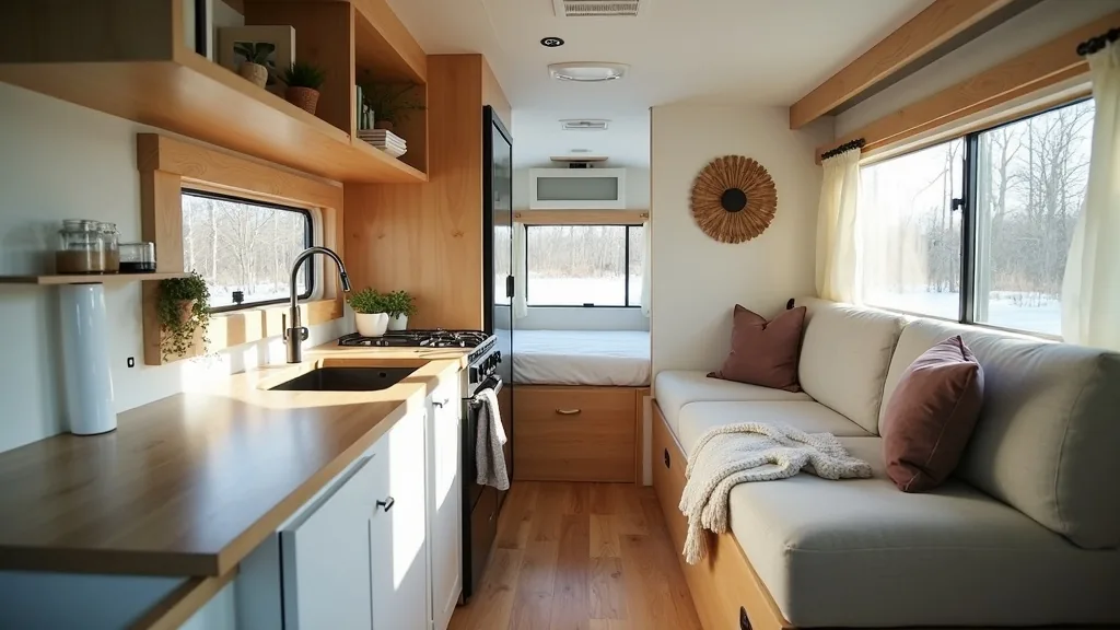 Coordinated natural-toned camper interior