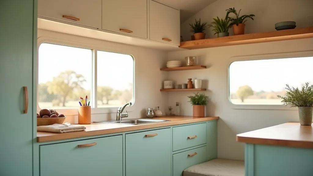 Bright airy painted camper cabinets