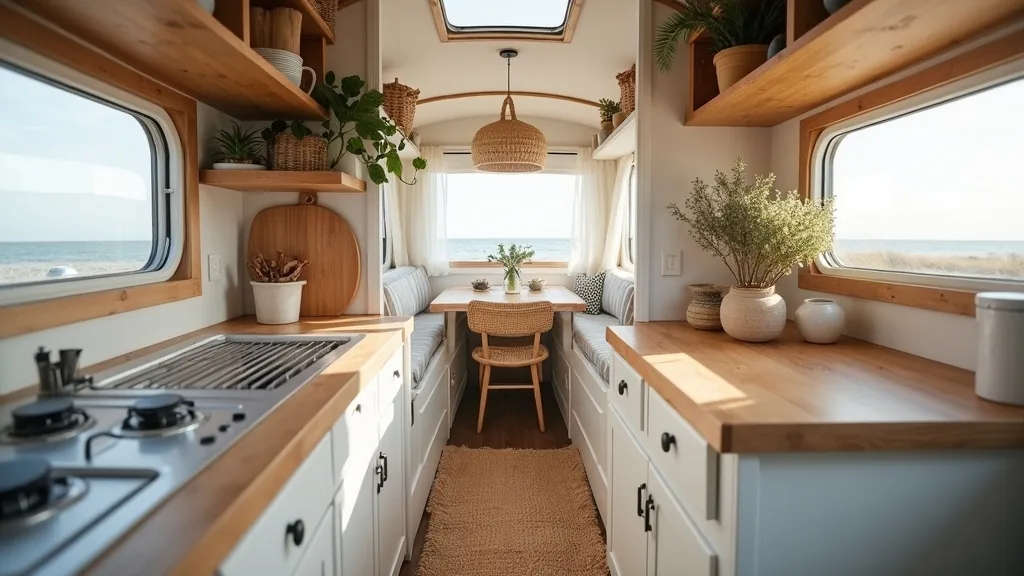 Rattan baskets in a modern camper
