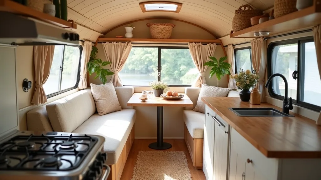 Woven jute rug on a camper floor