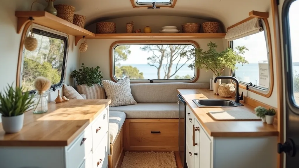 Coastal textures in a cozy camper space