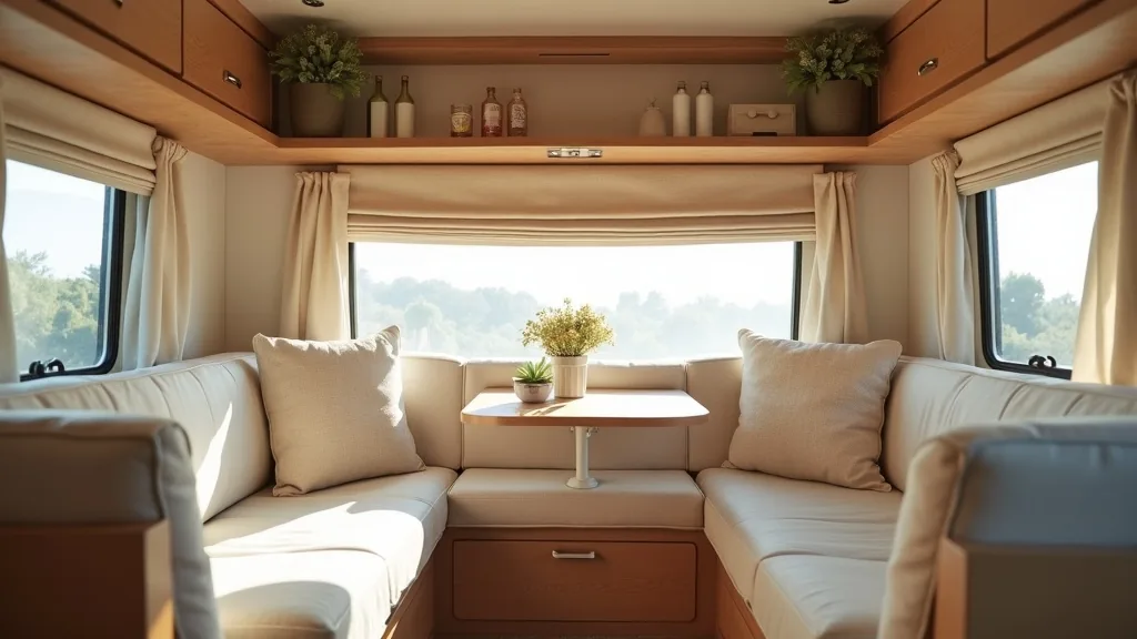 Neutral linen curtains in a camper window