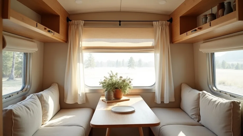 Breezy curtains framing a camper window