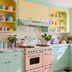 Soft pastel retro kitchen with mint cabinets and a pink stove