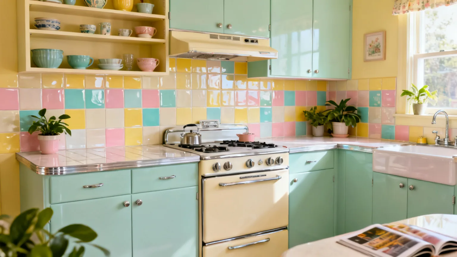 Retro kitchen with a bold pastel tile backsplash