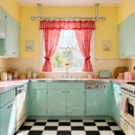 Retro kitchen window with cheerful gingham curtains