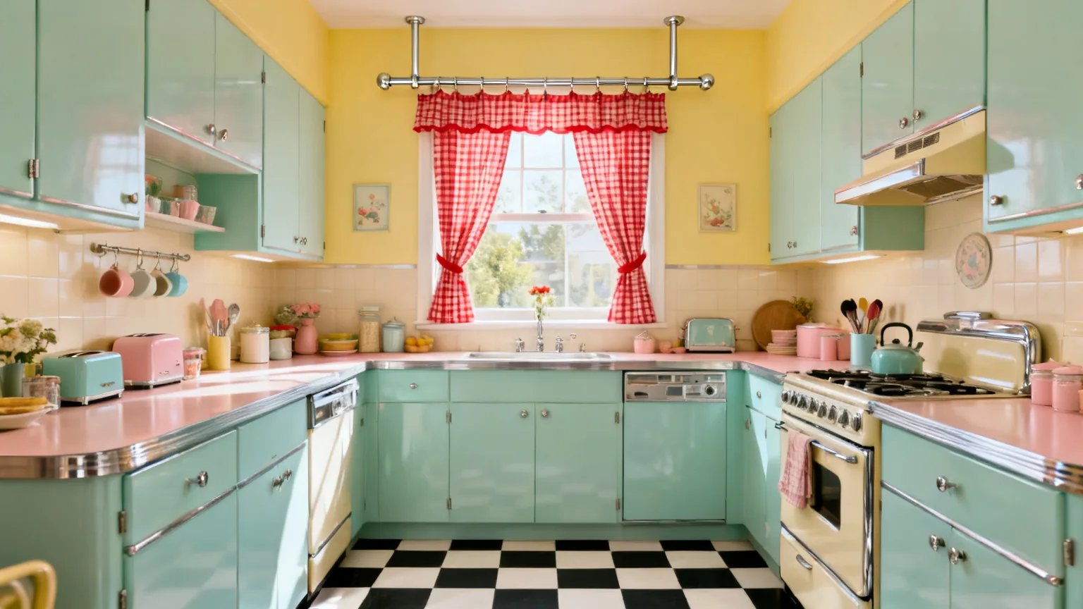 Retro kitchen window with cheerful gingham curtains