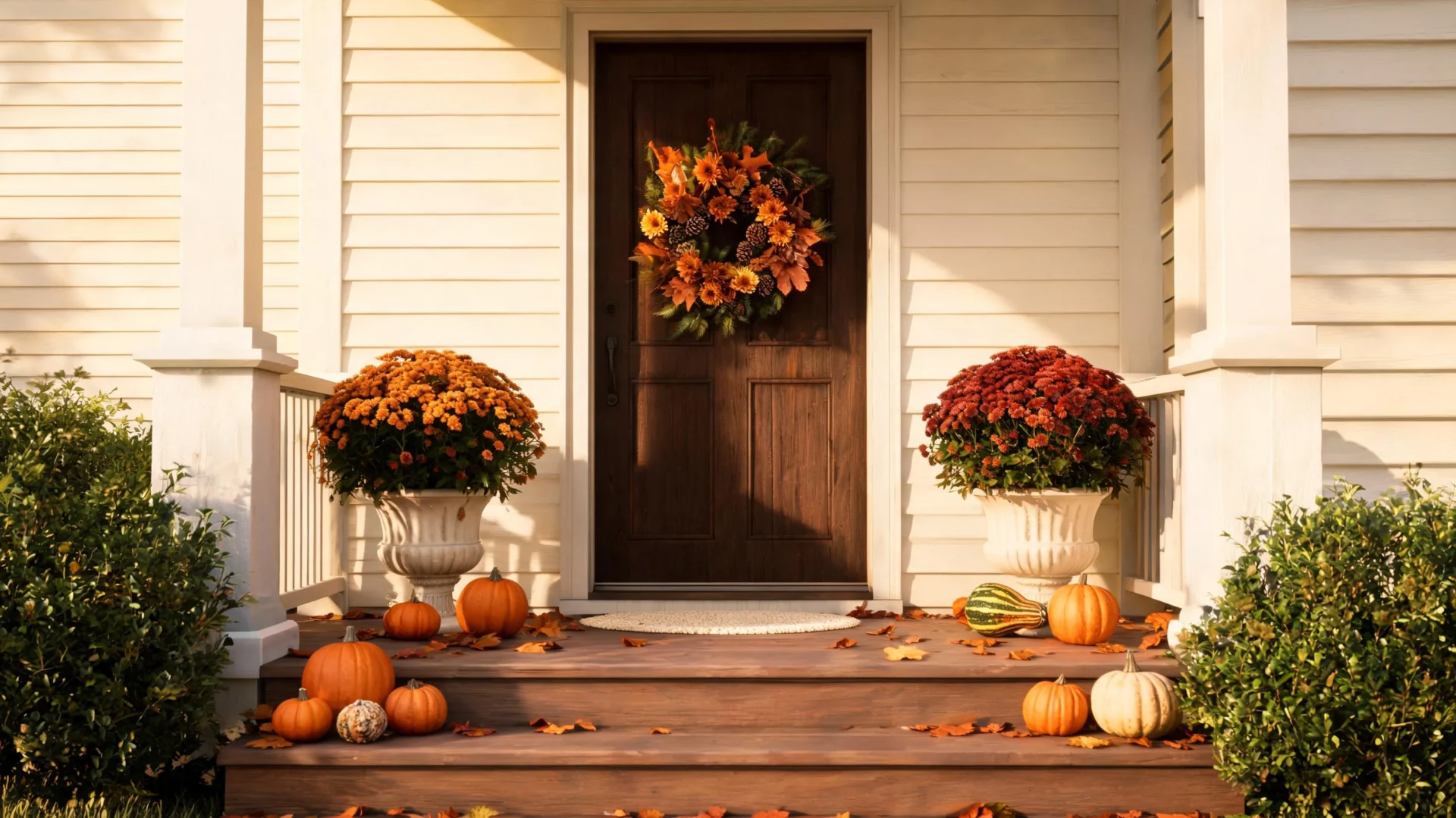 Cozy small front porch decorated for fall