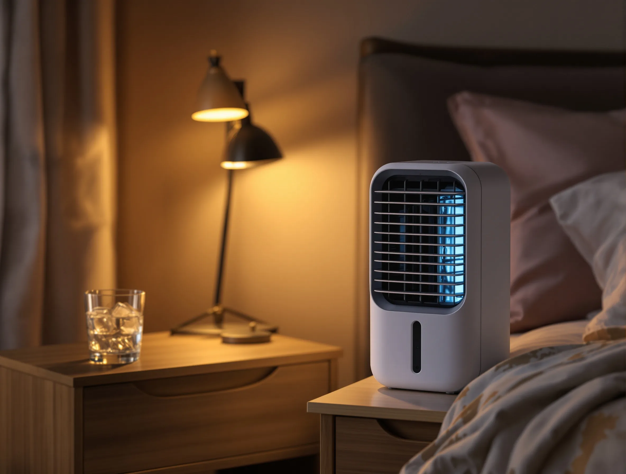 Mini air cooler glowing softly on a nightstand beside a bed at night