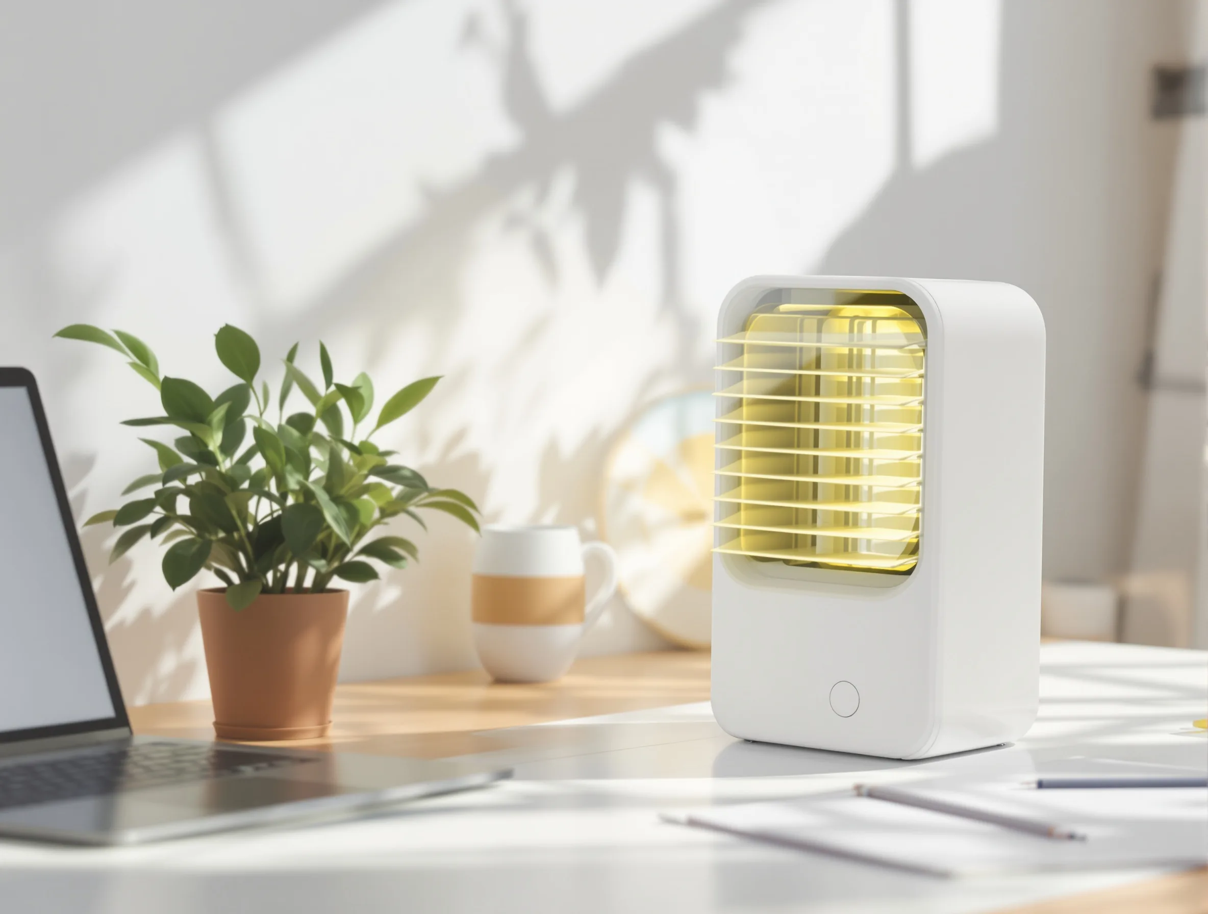 Compact personal air cooler on a bright home office desk next to a laptop and a plant