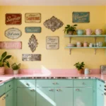 Retro kitchen wall styled with vintage signs