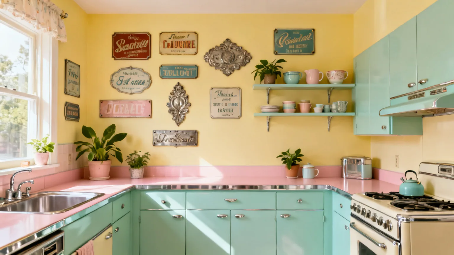 Retro kitchen wall styled with vintage signs